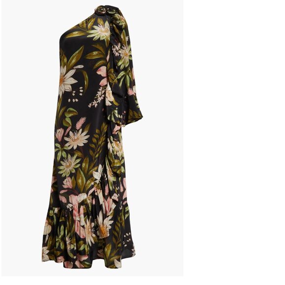 FARM RIO - Surreal Flowers One-Shoulder Crêpe de Chine Midi Dress - Black - XL - Picture 1 of 10